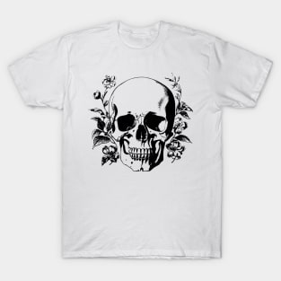 Vintage Black and White Human Skull with Leaves and Flowers T-Shirt